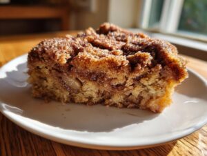 A close-up of a warm slice of snickerdoodle cobbler featuring a thick, sugary cinnamon topping on a white plate.