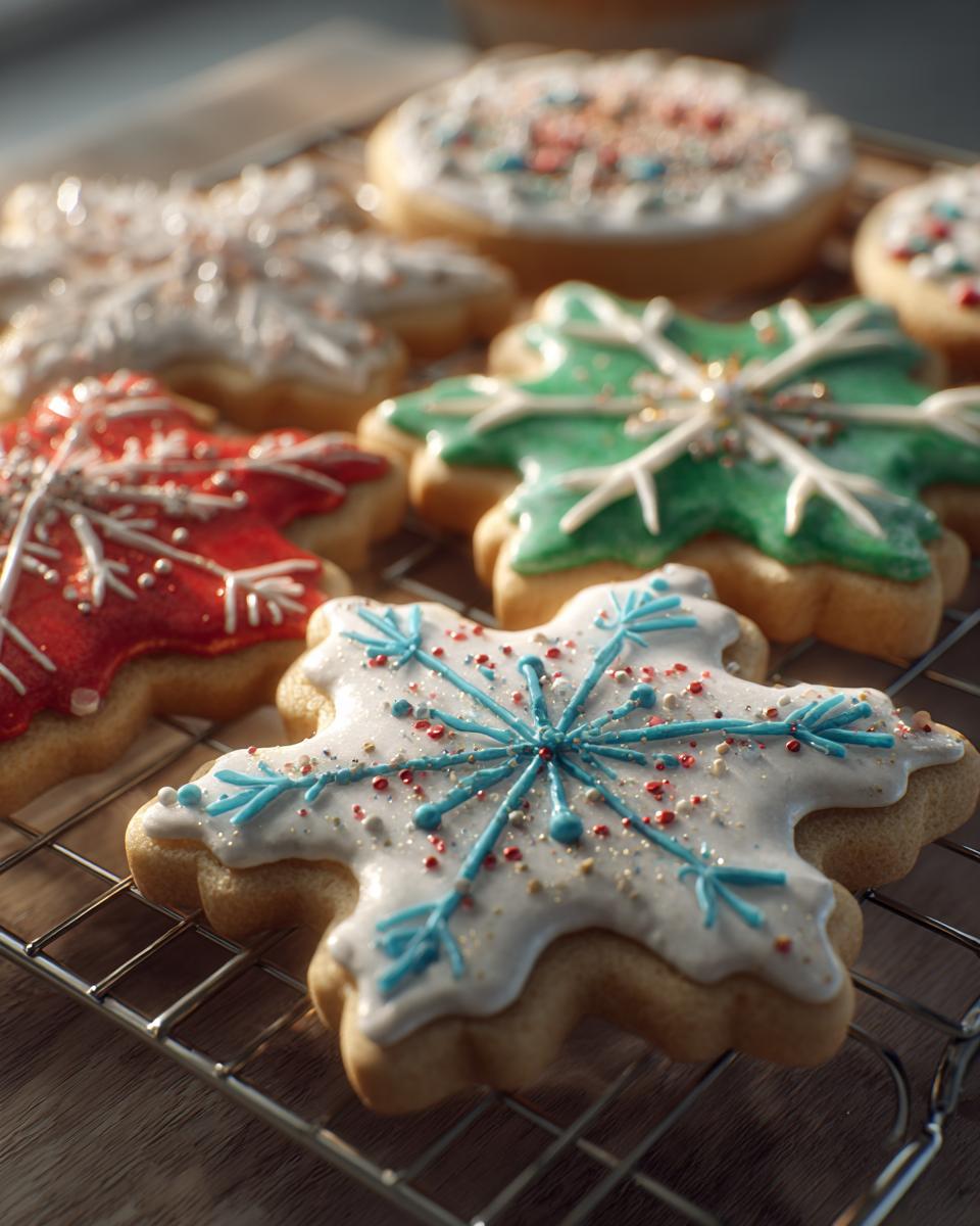 Close-up of snowflake sugar cookies decorated with vibrant royal sugar cookie icing recipe in red, green, and white.