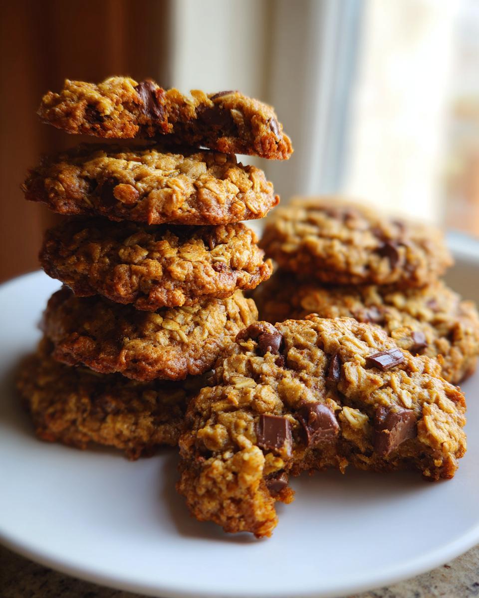 A tall stack of soft oatmeal cookie treats featuring visible oats and melted chocolate chunks, one cookie is broken in front.