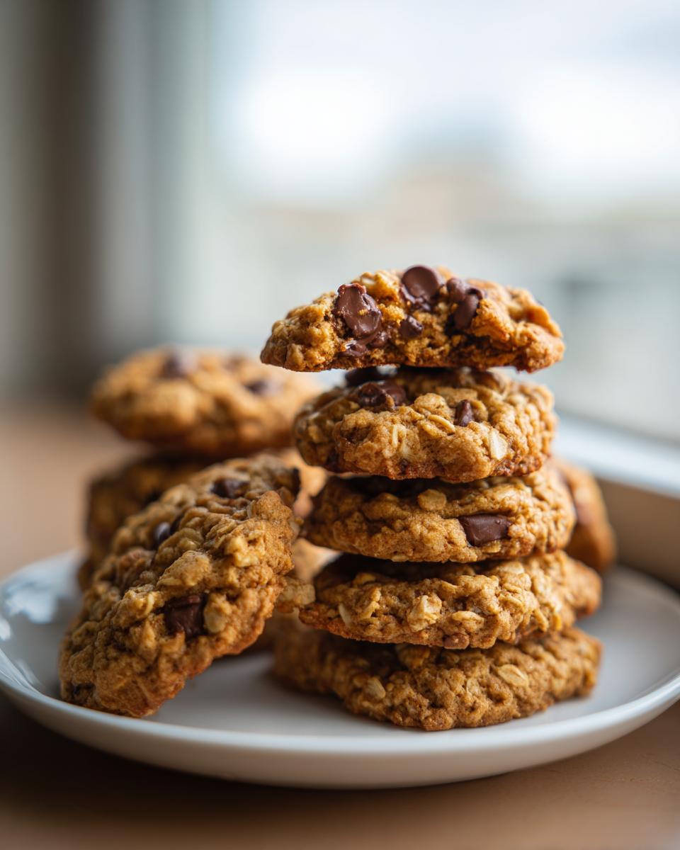 A stack of soft oatmeal cookie treats with melted chocolate chips, one cookie broken open on top.