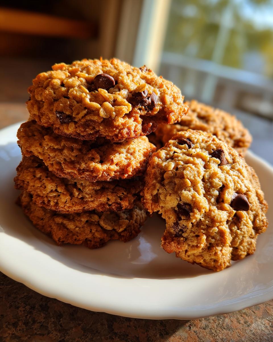 A stack of five soft oatmeal cookie treats with visible chocolate chips, resting on a white plate.