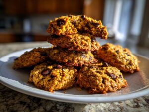 A stack of freshly baked, soft oatmeal cookie treats studded with chocolate chips, resting on a white plate.