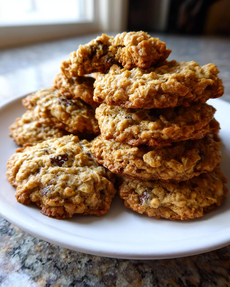 A tempting stack of freshly baked, soft oatmeal cookie treats piled high on a white plate.
