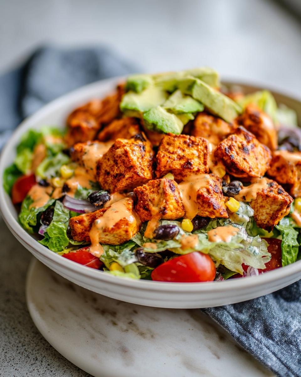 Close-up of a vibrant southwest chicken salad featuring seasoned chicken cubes, black beans, corn, tomatoes, and avocado slices.