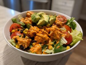 Close-up of a vibrant southwest chicken salad featuring seasoned chicken, avocado, tomatoes, corn, and black beans, drizzled with orange dressing.