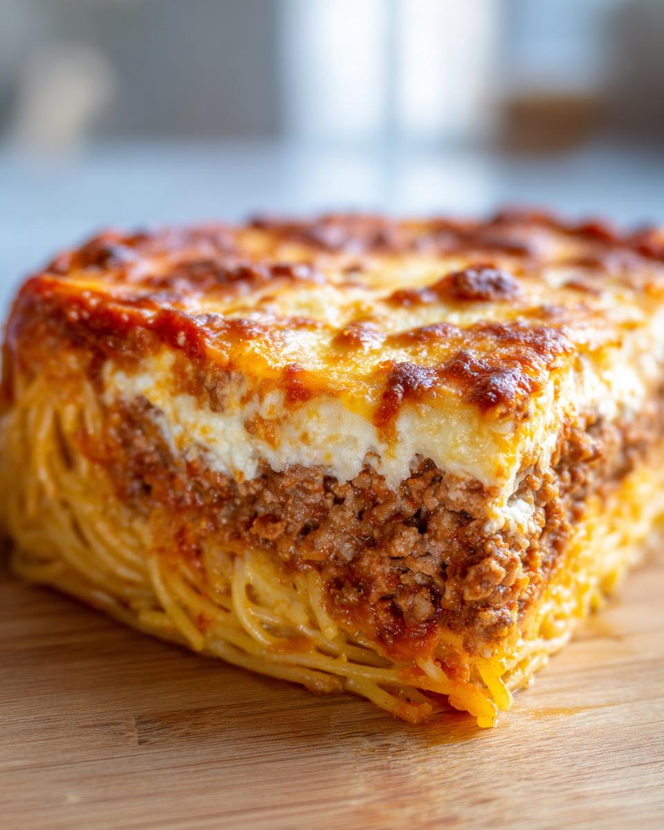 Close-up of a thick, square slice of baked spaghetti pie showing layers of pasta, meat sauce, and a browned cheese topping.