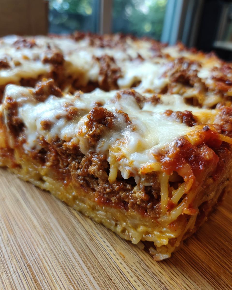Close-up of a thick slice of baked spaghetti pie showing layers of pasta, rich meat sauce, and melted mozzarella cheese topping.