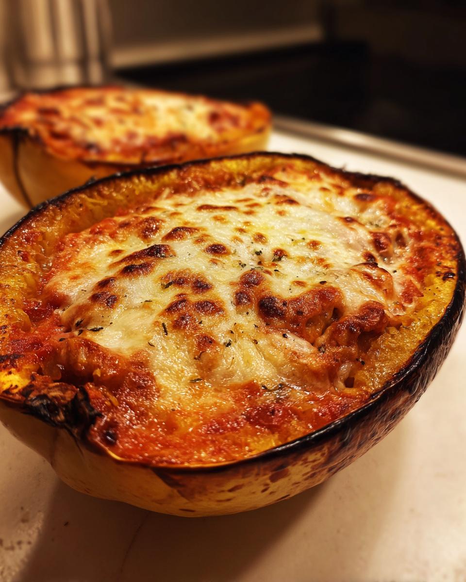 Close-up of a baked spaghetti squash lasagna half, topped with melted, browned mozzarella cheese.