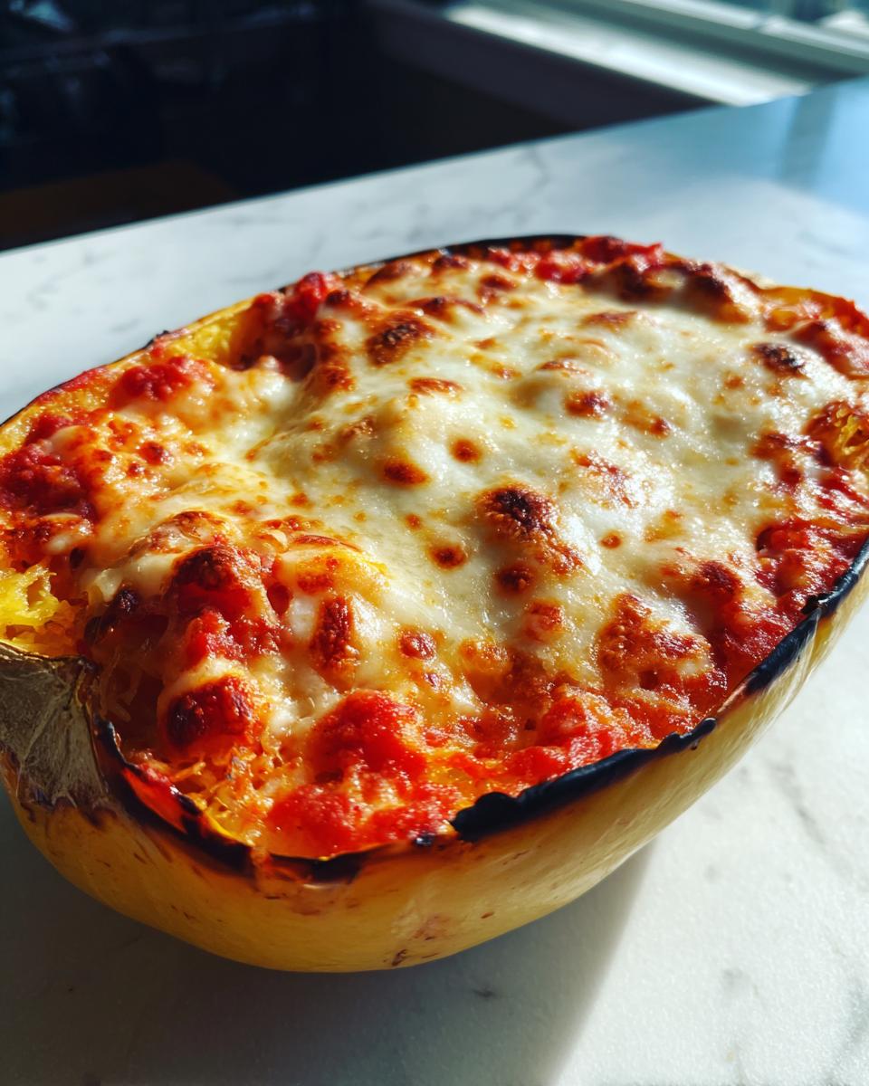 Close-up of baked spaghetti squash lasagna topped with bubbly, browned mozzarella cheese.