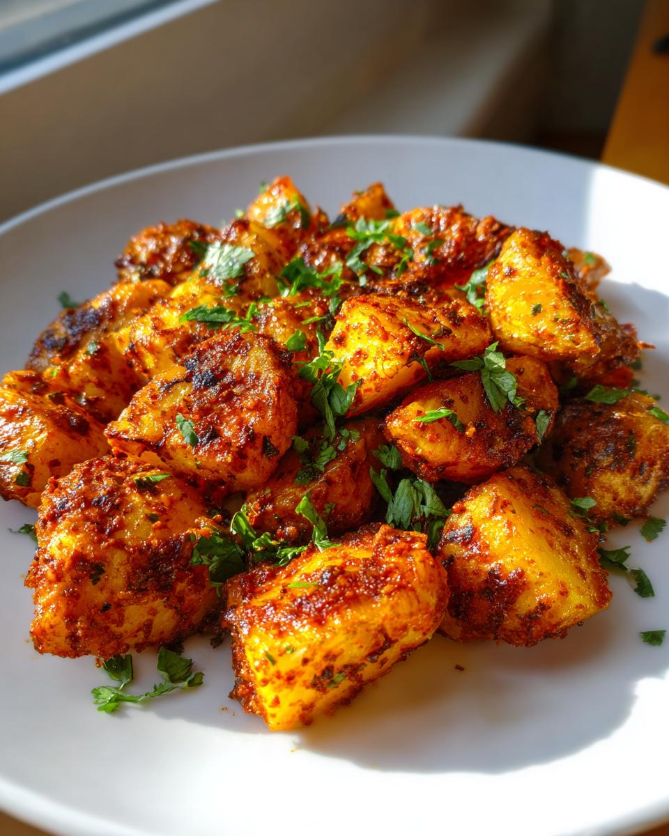A close-up of perfectly roasted Mexican potatoes coated in a rich red spice blend and topped with fresh chopped cilantro.