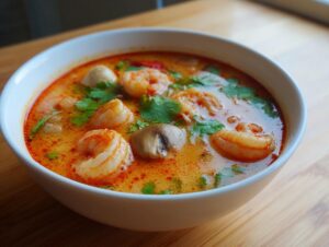 A close-up view of a bowl of creamy, orange-red tom yum soup filled with large shrimp and mushrooms, garnished with cilantro.