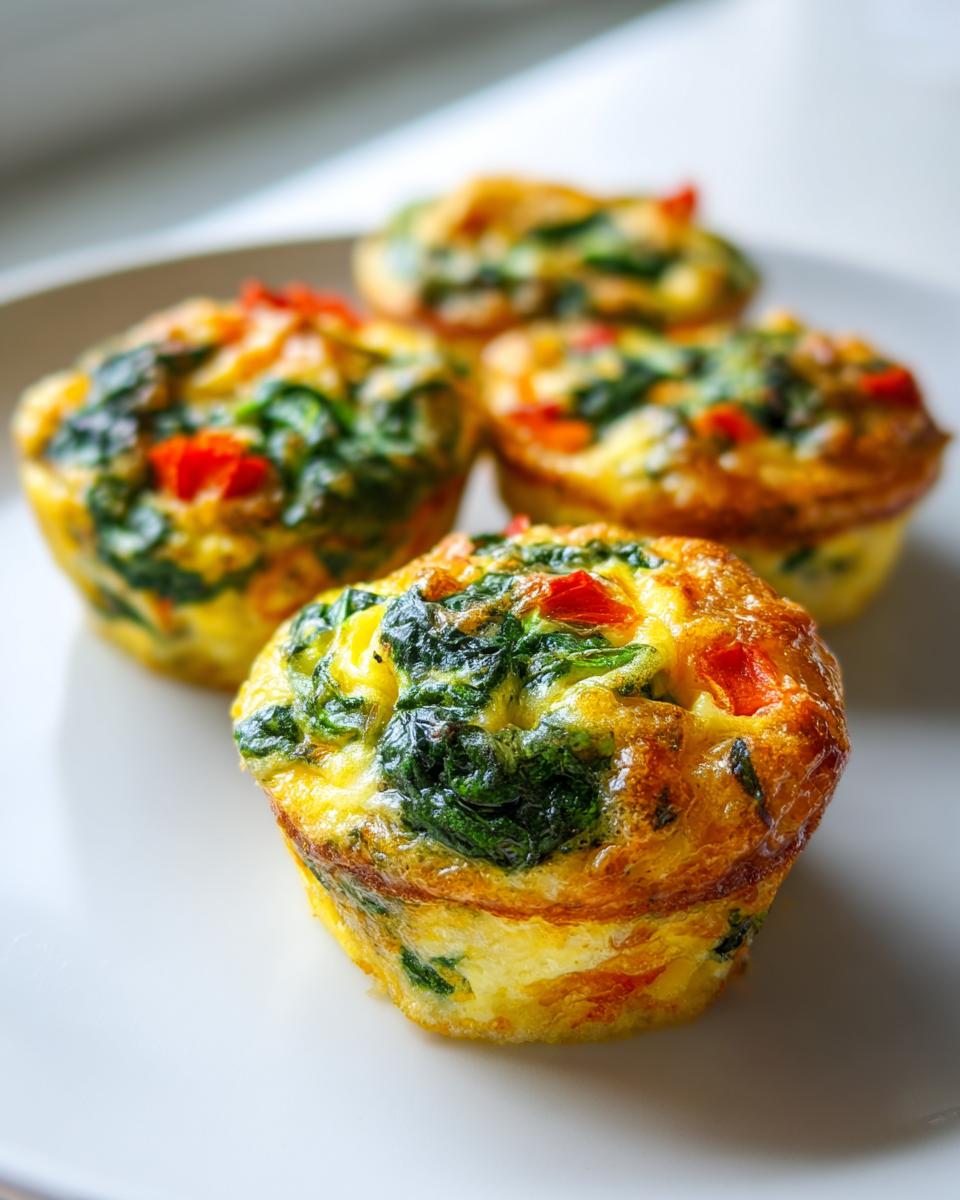 Four golden-brown spinach and red pepper egg muffin cups sitting on a white plate.