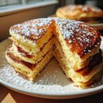 Close-up of a tall stack of fluffy pancakes dusted heavily with powdered sugar, cut to show the airy interior.