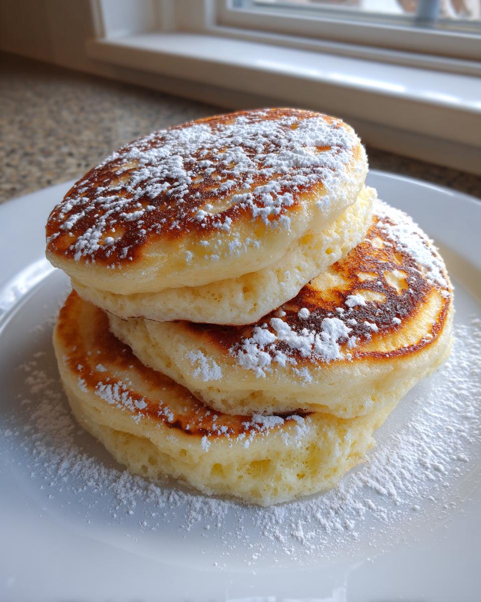 A stack of three thick, golden-brown fluffy pancakes dusted generously with white powdered sugar.