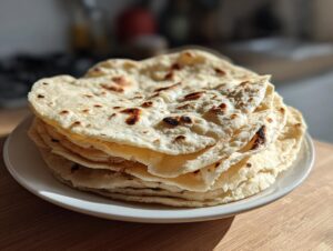 A tall stack of freshly cooked, slightly charred corn tortillas resting on a white plate.
