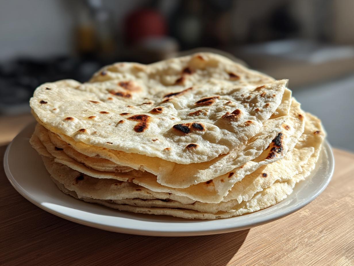 A tall stack of freshly cooked, slightly charred corn tortillas resting on a white plate.
