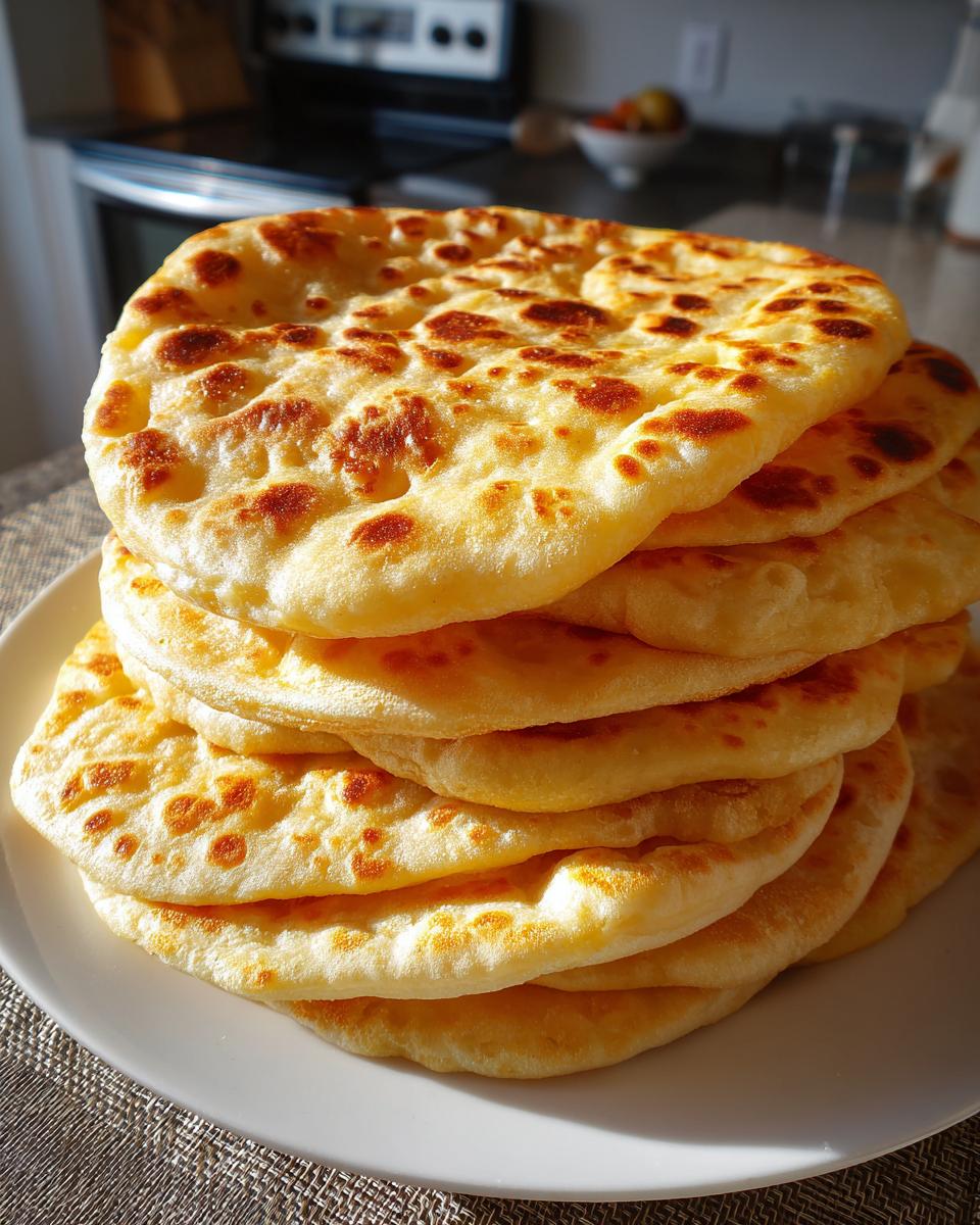 A tall stack of freshly cooked, golden-brown pita bread with charred spots resting on a white plate.