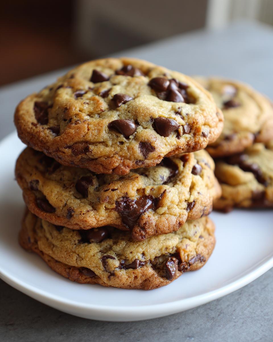 A stack of three perfectly baked small batch chocolate chip cookies on a white plate.