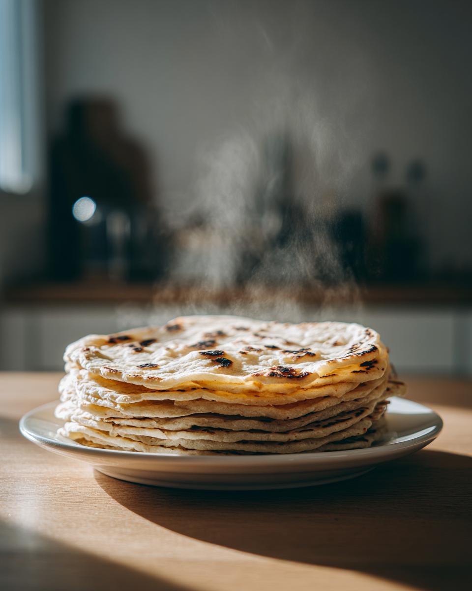 A tall stack of freshly made, steaming corn tortillas resting on a white plate on a wooden table.