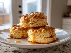 Three fluffy sweet potato biscuits stacked on a white plate, generously drizzled with a shiny amber glaze.