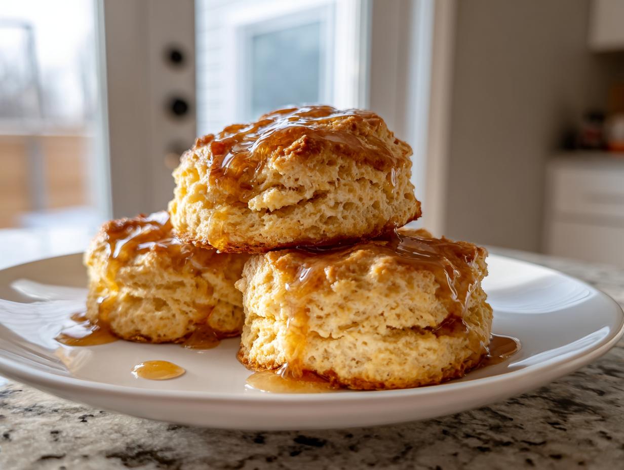 Three fluffy sweet potato biscuits stacked on a white plate, generously drizzled with a shiny amber glaze.