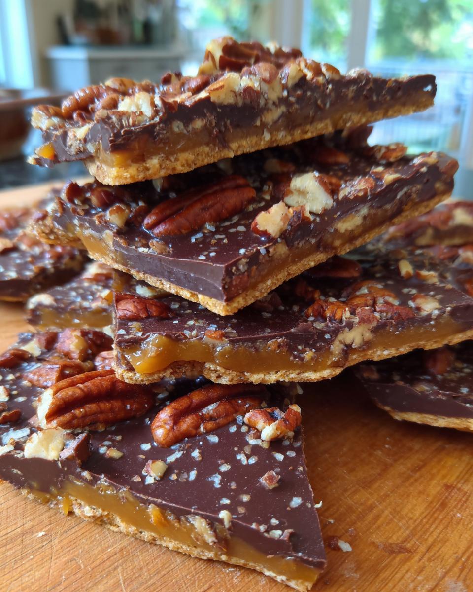 Close-up of stacked squares of rich pecan pie bark featuring a crust, caramel layer, chocolate topping, and whole pecans.