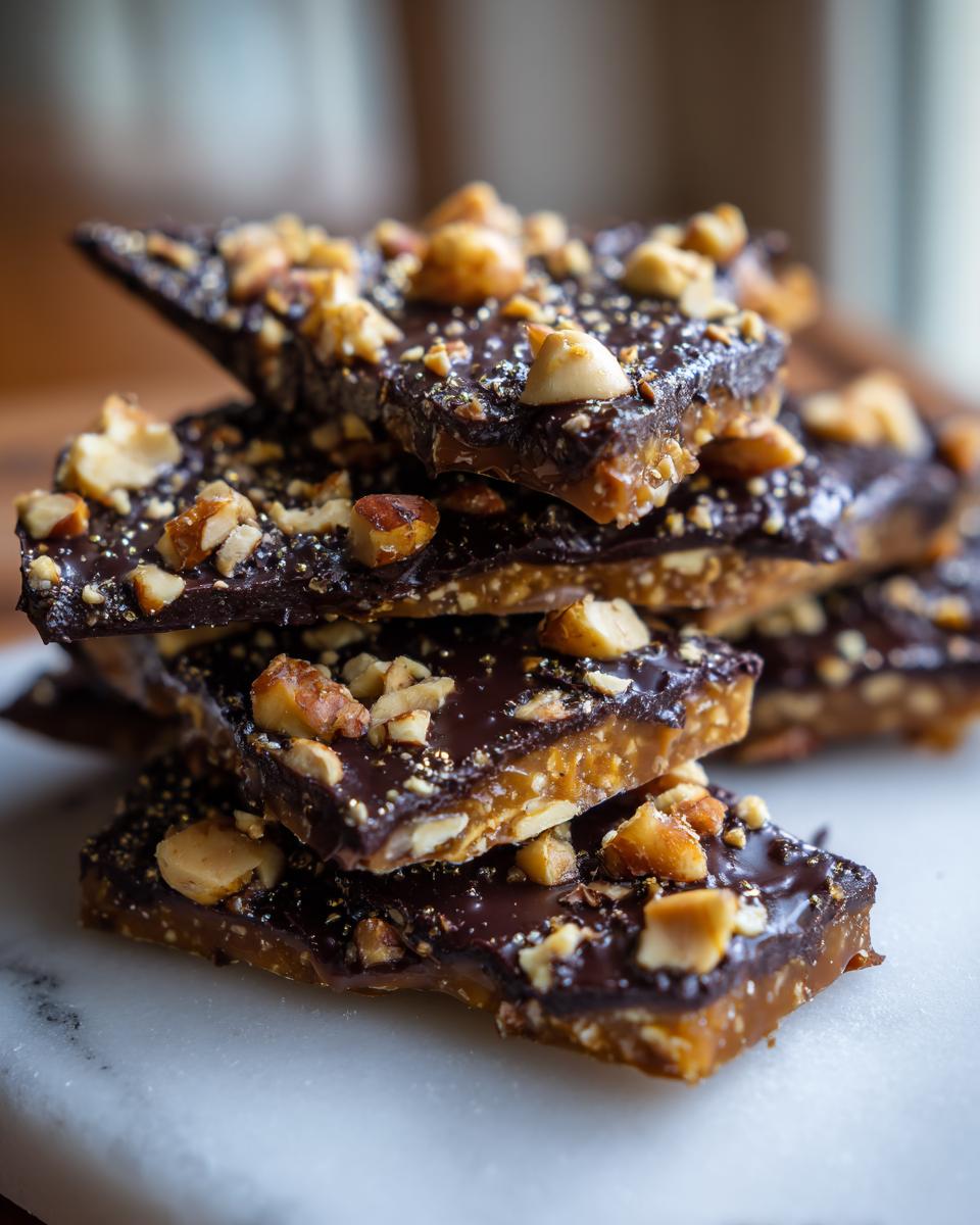 Close-up of stacked pieces of homemade toffee recipe, featuring a rich caramel base topped with dark chocolate and chopped nuts.