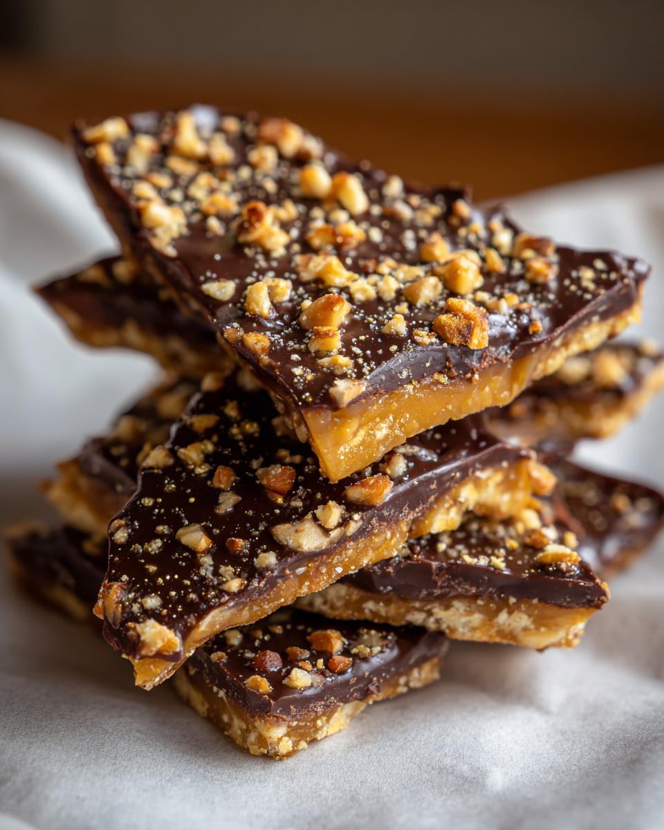 Close-up of stacked pieces of homemade toffee recipe, featuring a crunchy base, caramel layer, dark chocolate, and chopped nuts.
