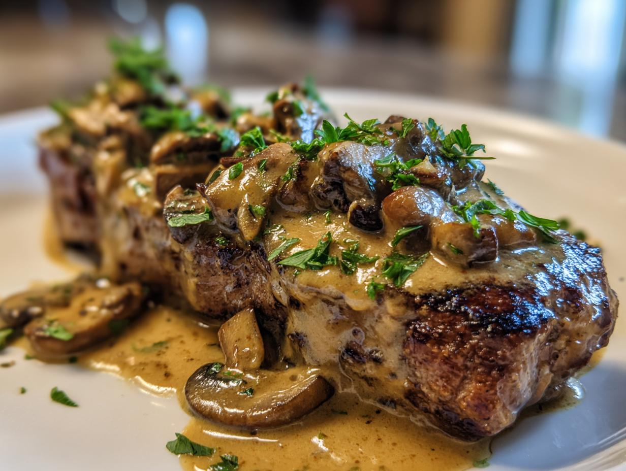 Close-up of a seared steak generously covered in a rich, creamy mushroom sauce and fresh parsley.