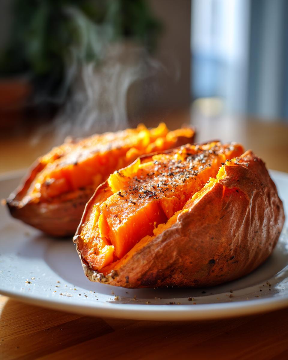 Two steaming baked sweet potatoes, split open and seasoned with black pepper, ready to eat.
