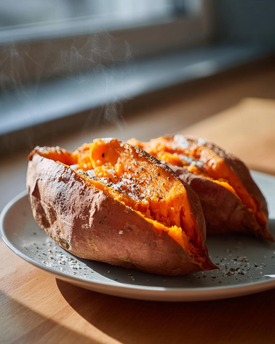 Two steaming hot baked sweet potatoes, split open and seasoned with coarse salt and pepper.