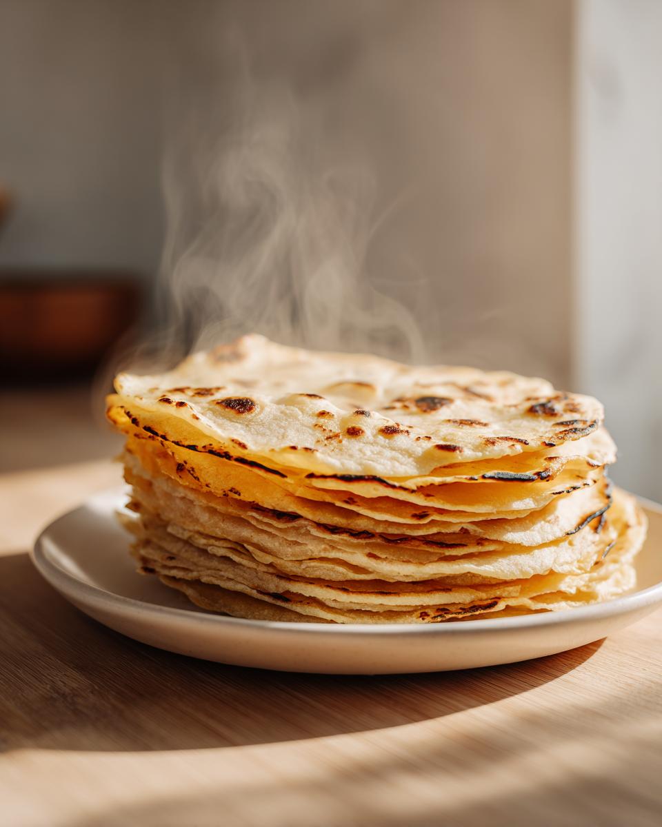 A tall stack of freshly made, steaming corn tortillas with light char marks on a small white plate.