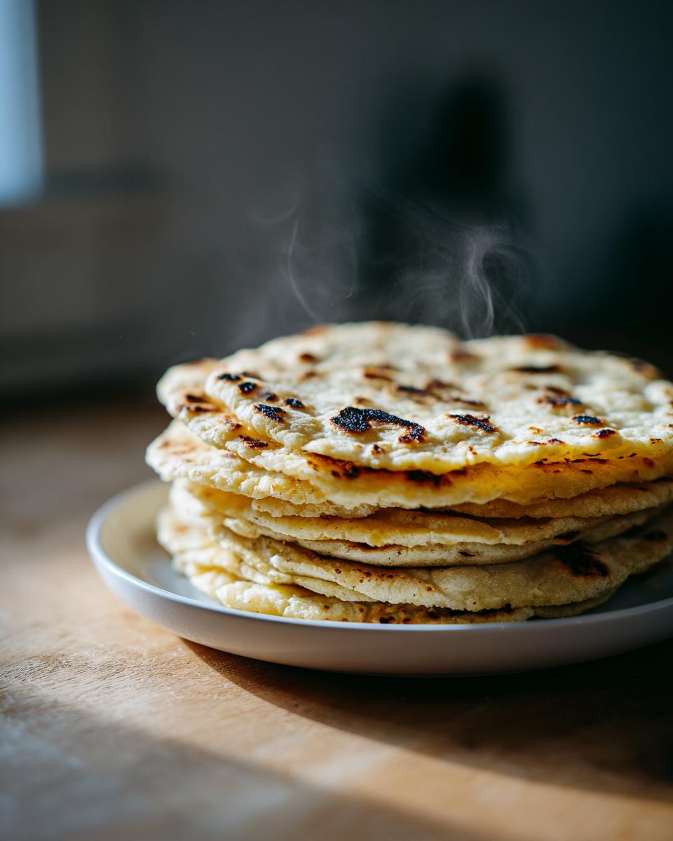 A tall stack of freshly made, steaming corn tortillas with charred spots, resting on a white plate.