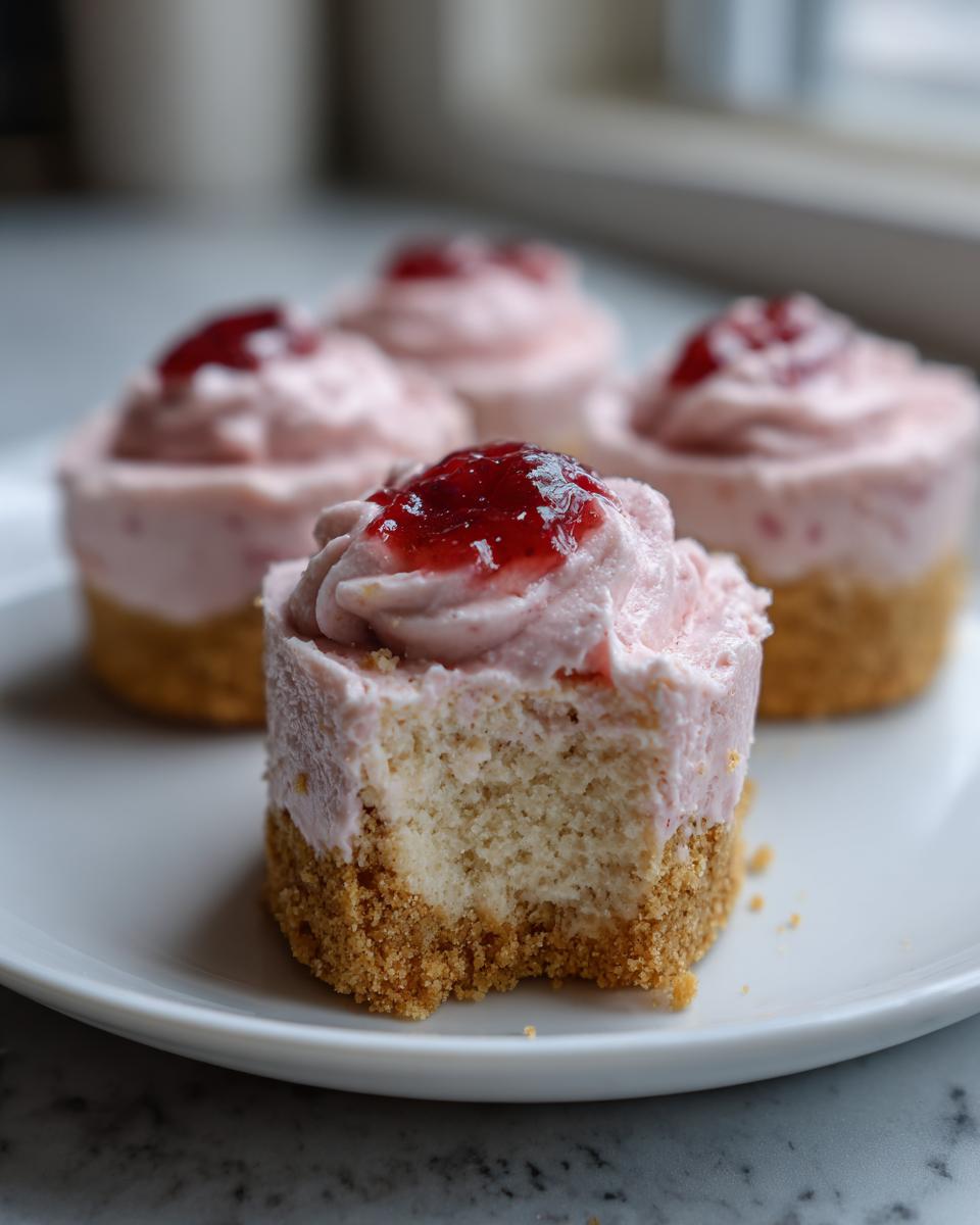 Close-up of a strawberry cheesecake cookie with a bite taken out, showing the graham cracker crust and pink frosting.