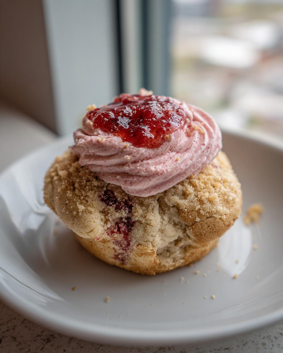 A single strawberry cheesecake cookies base topped with pink frosting and strawberry jam.