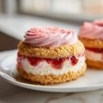 Close-up of one of the strawberry cheesecake cookies, showing graham cracker crust, creamy filling, strawberry jam, and pink frosting.