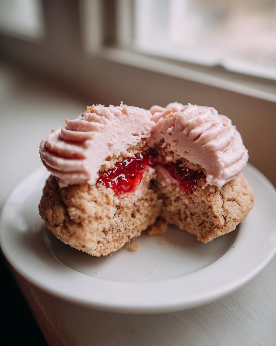 Close-up of strawberry cheesecake cookies cut in half showing jam filling and pink frosting.