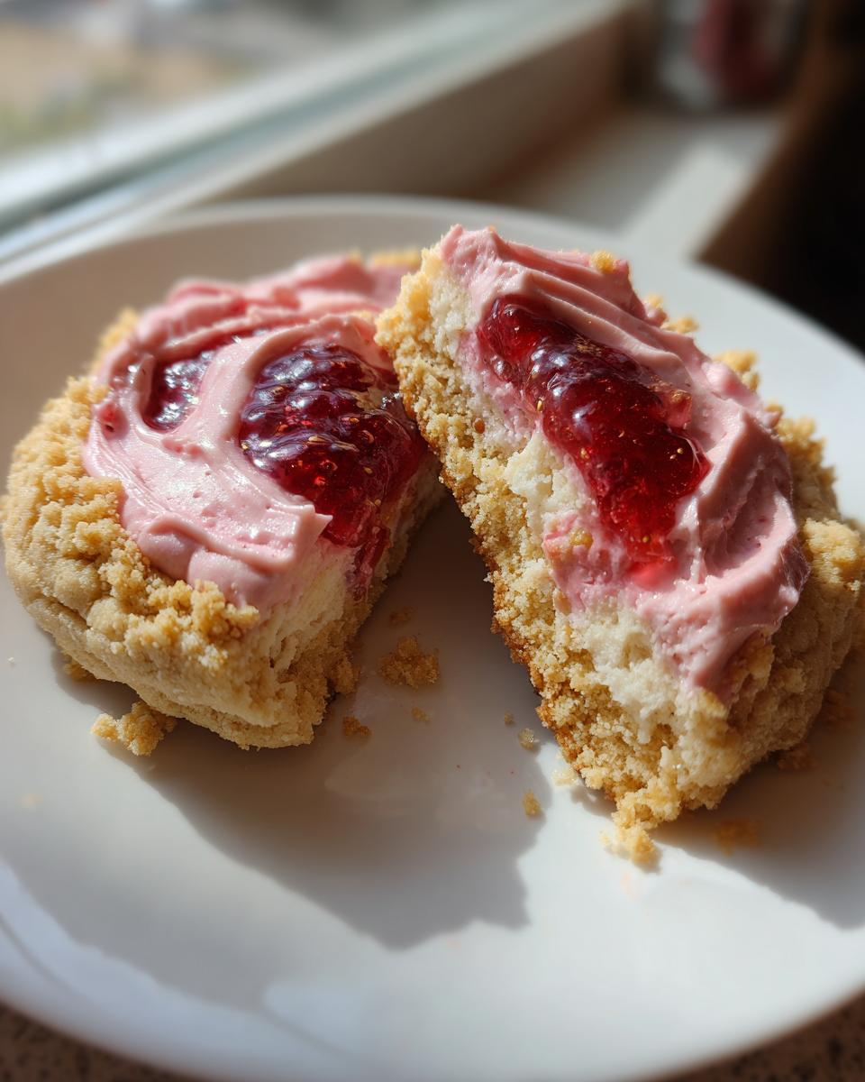 A strawberry cheesecake cookie broken in half showing the crumbly base, pink frosting, and strawberry jam topping.