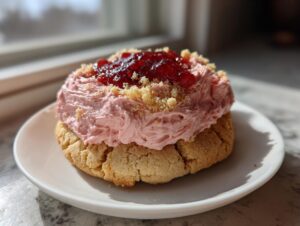 A single, thick strawberry cheesecake cookies topped with pink frosting and strawberry jam, sitting on a white plate.