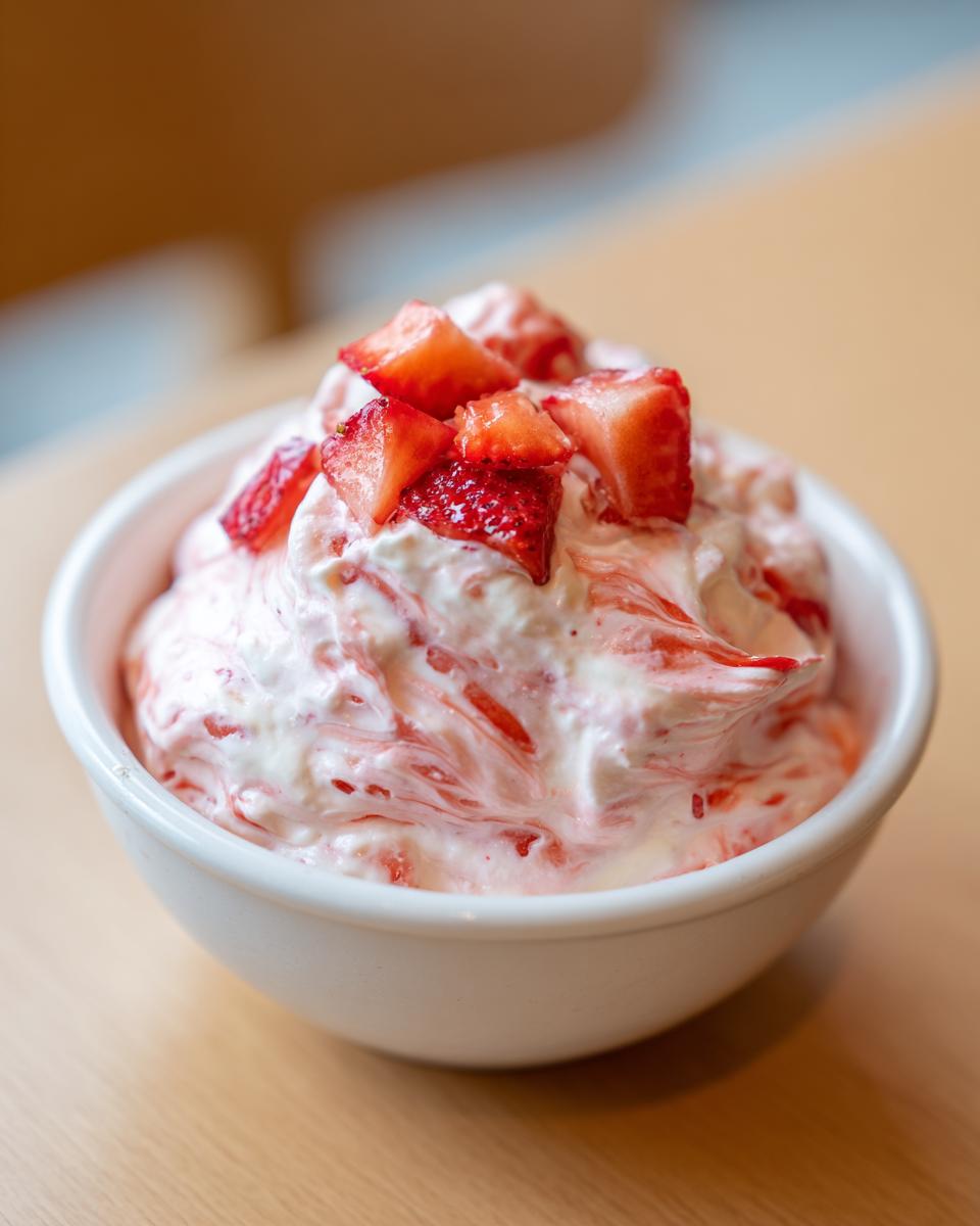 Close-up of a white bowl filled with creamy strawberry cheesecake dip, topped with diced fresh strawberries.