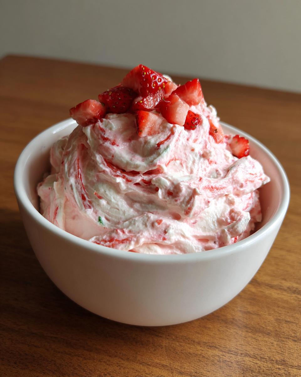 A white bowl filled with pink and white swirled strawberry cheesecake dip, topped with chopped fresh strawberries.