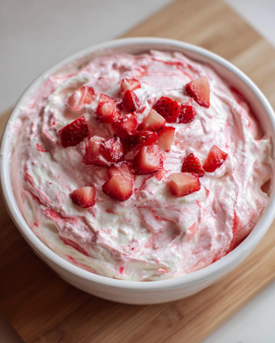 A white bowl filled with creamy, swirled strawberry cheesecake dip, topped with chopped fresh strawberries.