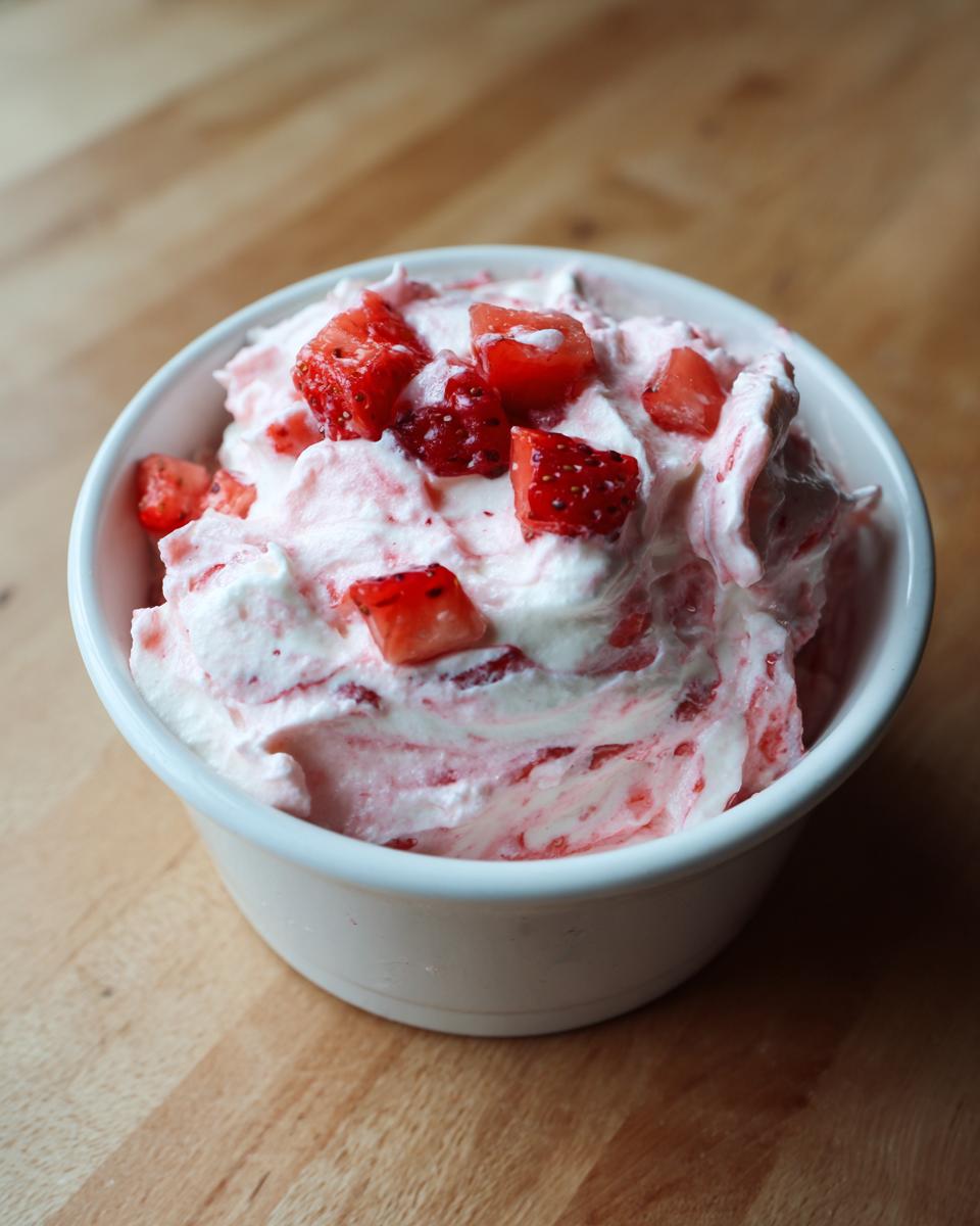A close-up of creamy strawberry cheesecake dip topped with diced fresh strawberries in a small white bowl.