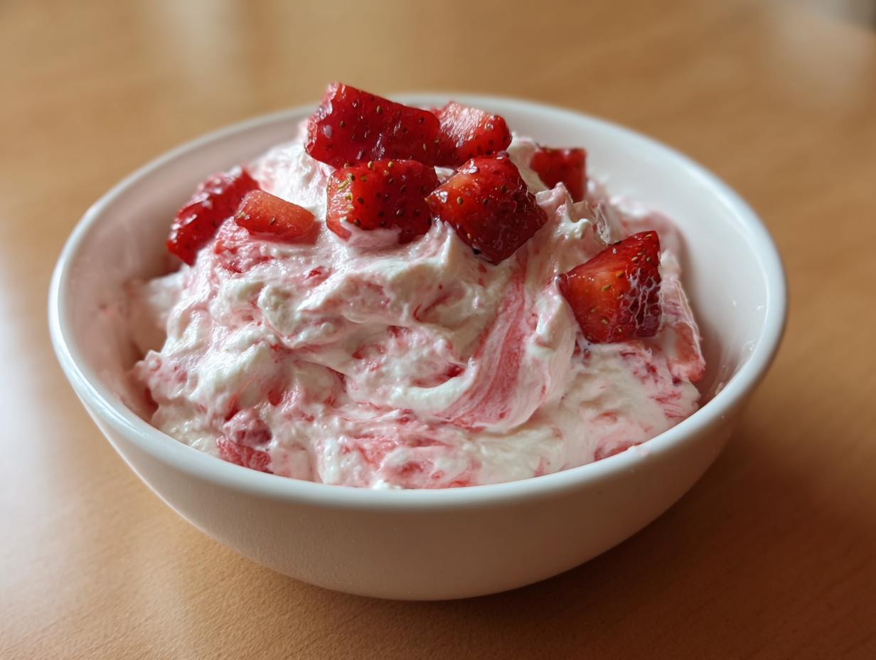 A close-up of creamy, swirled strawberry cheesecake dip topped with fresh strawberry chunks in a white bowl.