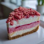 A perfect slice of strawberry crunch cheesecake showing layers of crust, cream, and pink filling, topped with red crumble.