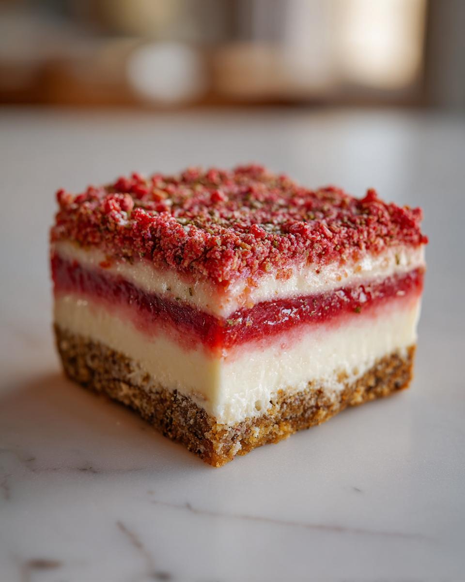 A square slice of strawberry crunch cheesecake showing distinct layers: crust, cream cheese, strawberry filling, and crunchy topping.