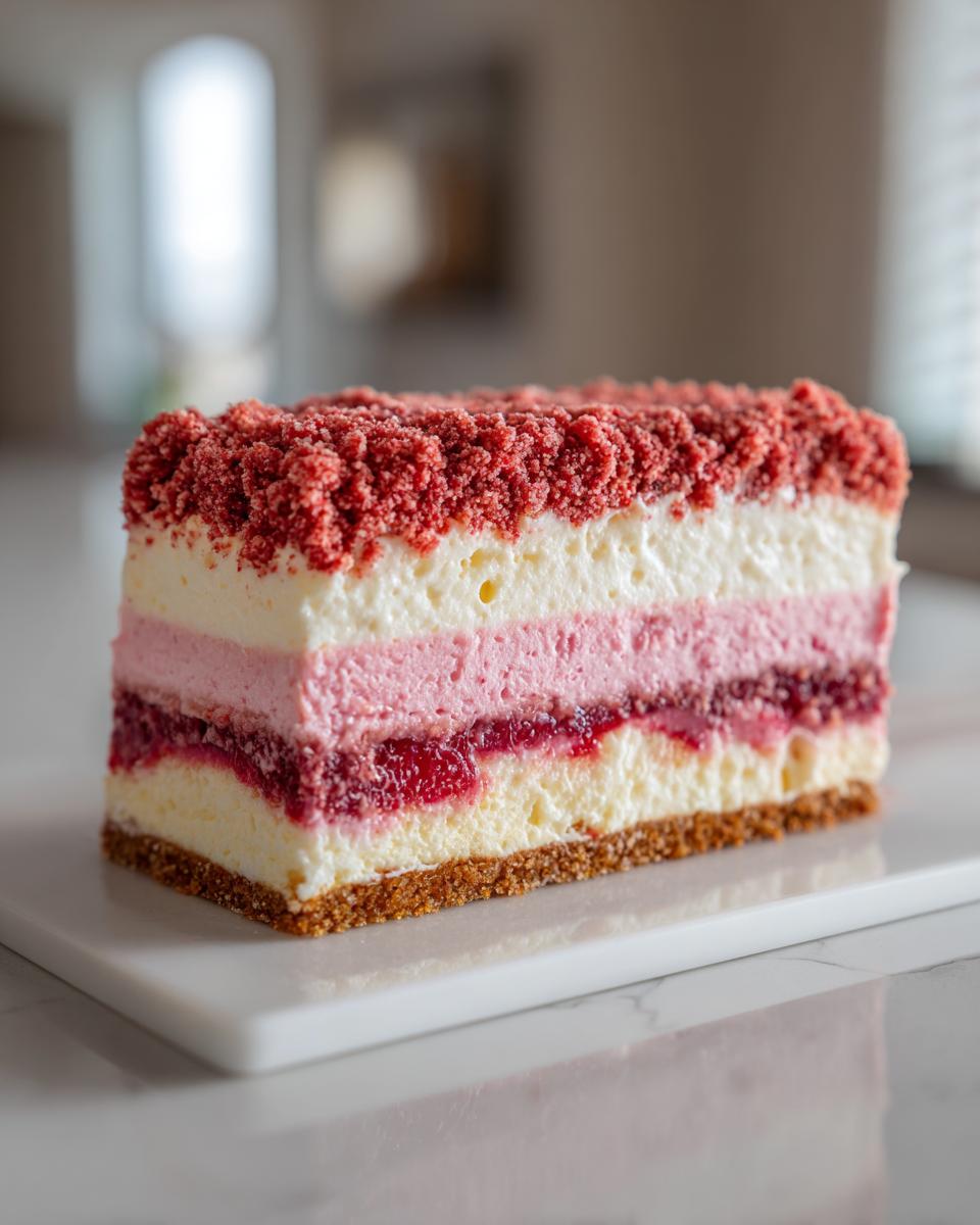 A rectangular slice of strawberry crunch cheesecake showing distinct layers of crust, cream, and strawberry filling.