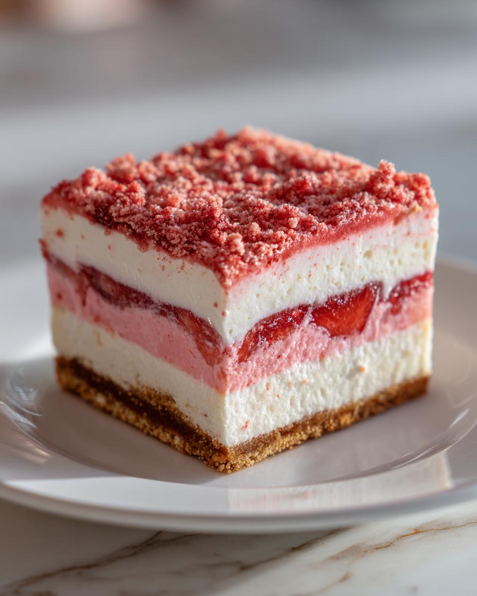 A perfect square slice of strawberry crunch cheesecake showing graham cracker crust, creamy layers, and strawberry crunch topping.