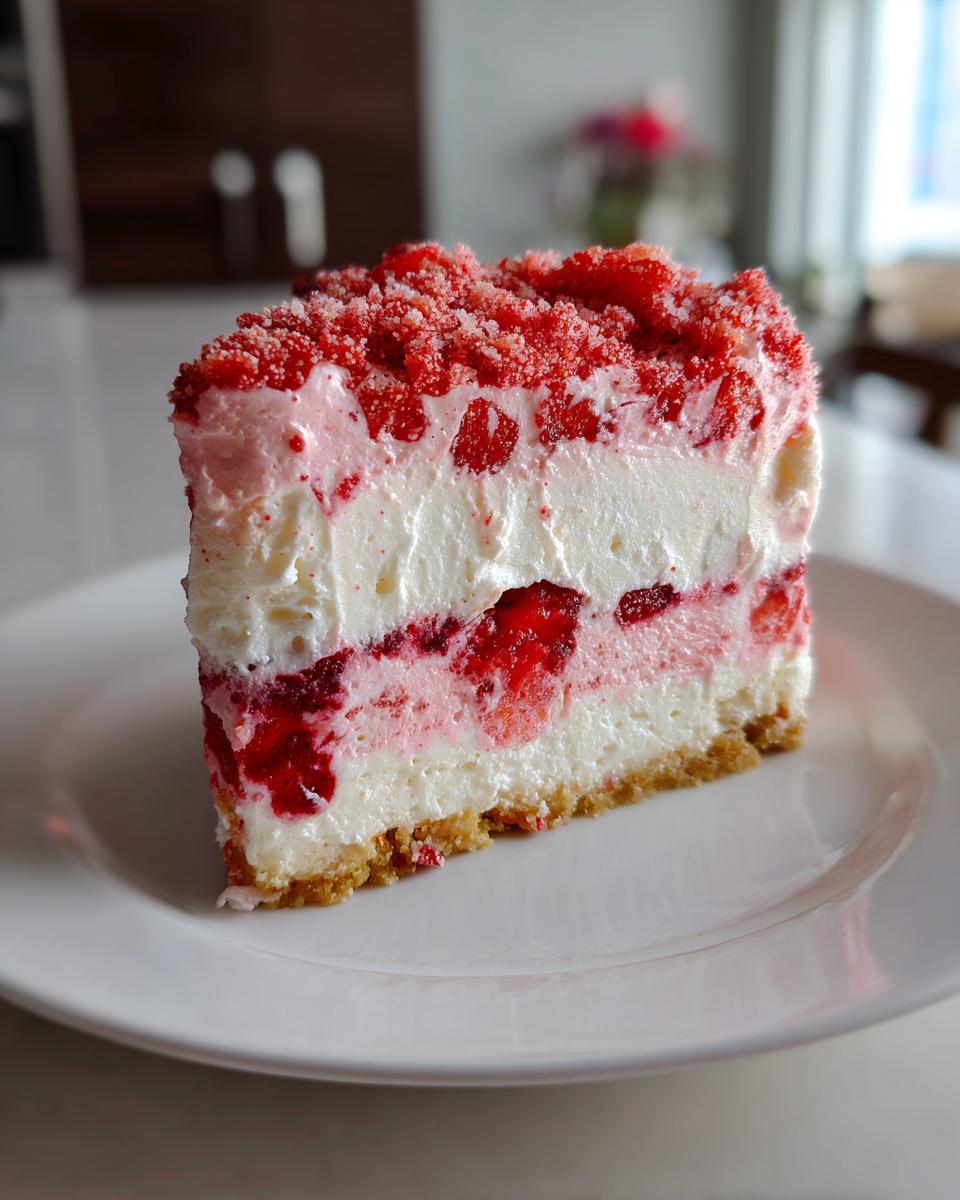 A tall slice of strawberry crunch cheesecake featuring layers of creamy white filling, strawberry swirl, and a bright red crunchy topping.