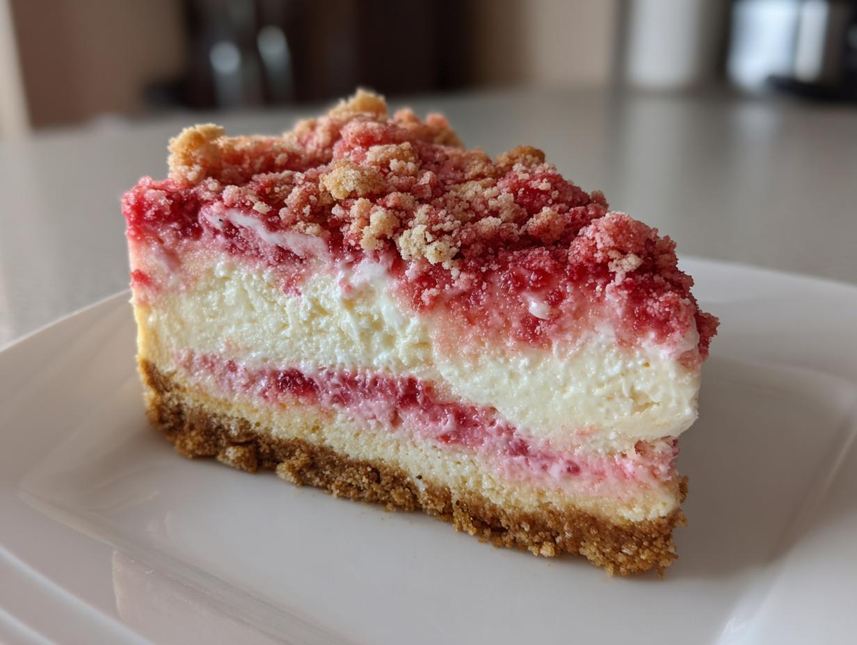 A close-up of a perfect slice of strawberry crunch cheesecake showing graham cracker crust and pink topping.